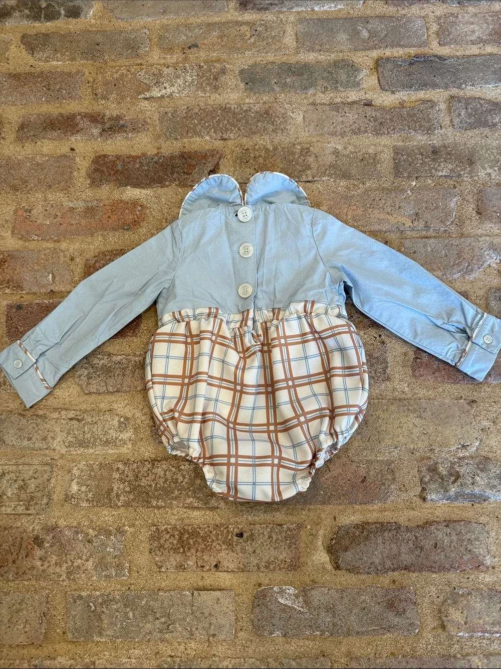 Long-Sleeve Baby Bubble Romper in Light Blue and Brown Plaid